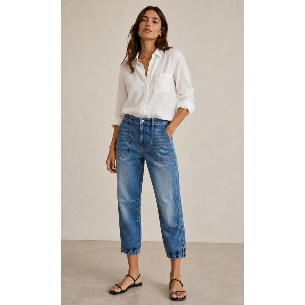 Nili Lotan French Military Jeans Duane Wash Blue Denim Cropped Ankle Zip 28